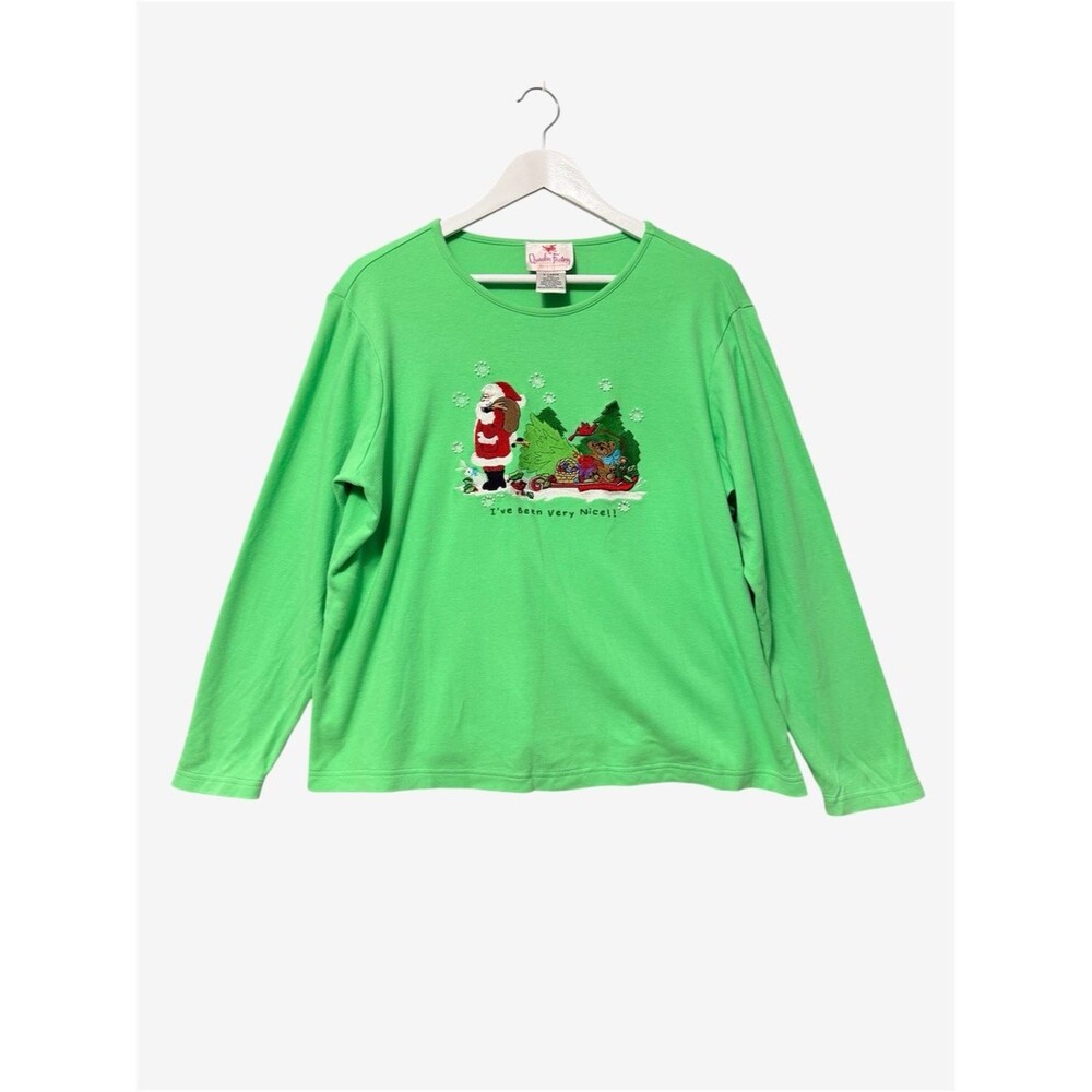 Quacker Factory Holiday Santa Sleigh Embroidered Tee Size XL Lime Green